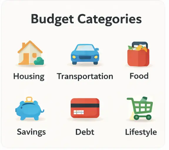 Budget categories list showing fixed expenses, savings, and lifestyle spending breakdown