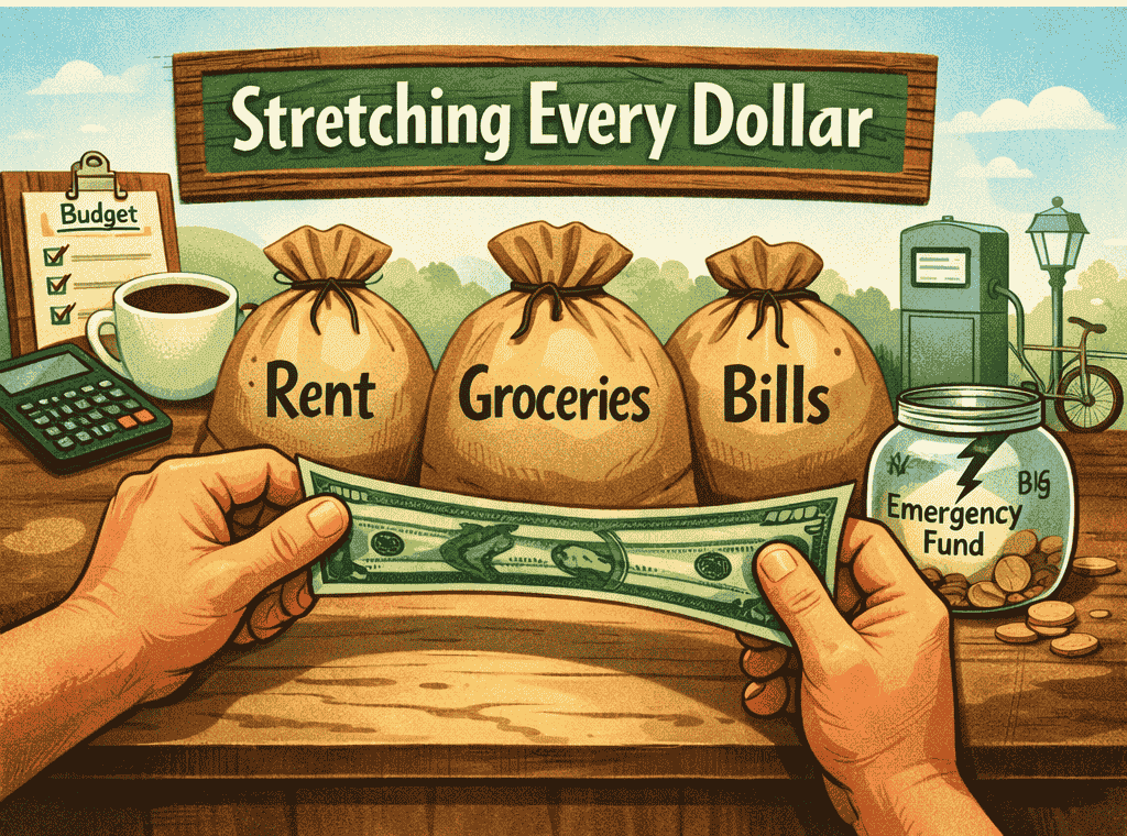 Envelope and budget system showing how to divide income into savings and expenses