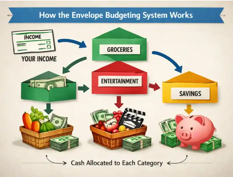 Illustration showing how income is divided into spending envelopes in the envelope budgeting system