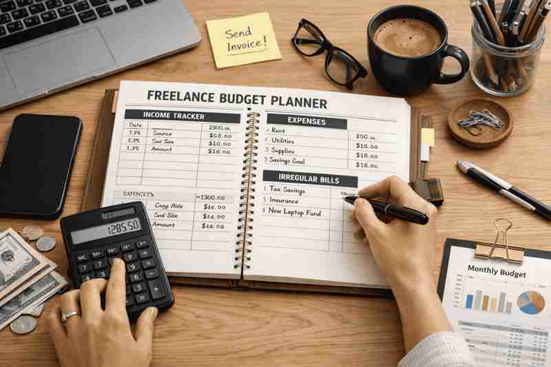 Budget planner notebook for freelancers managing monthly income and expenses