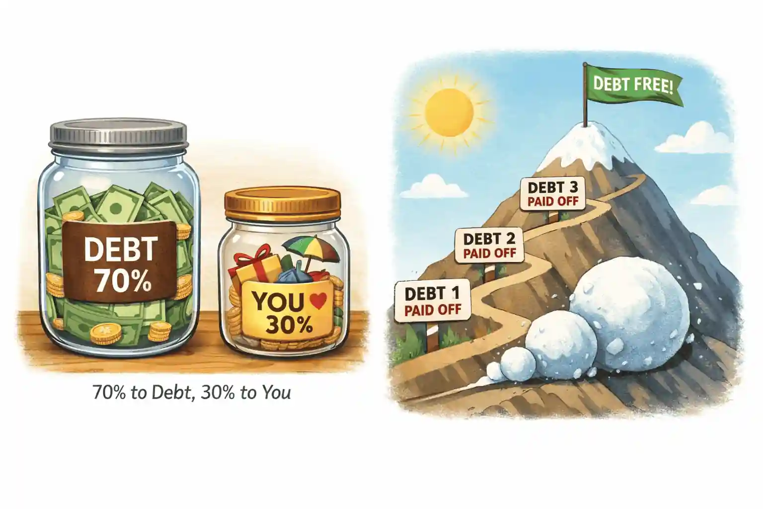 Debt snowball and 70-30 money method showing debts being paid off step by step
