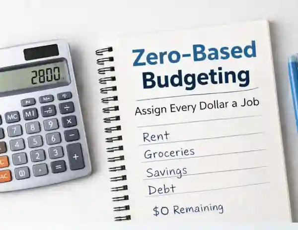 Zero-based budgeting example showing income allocated to rent, groceries, savings and debt until balance reaches zero